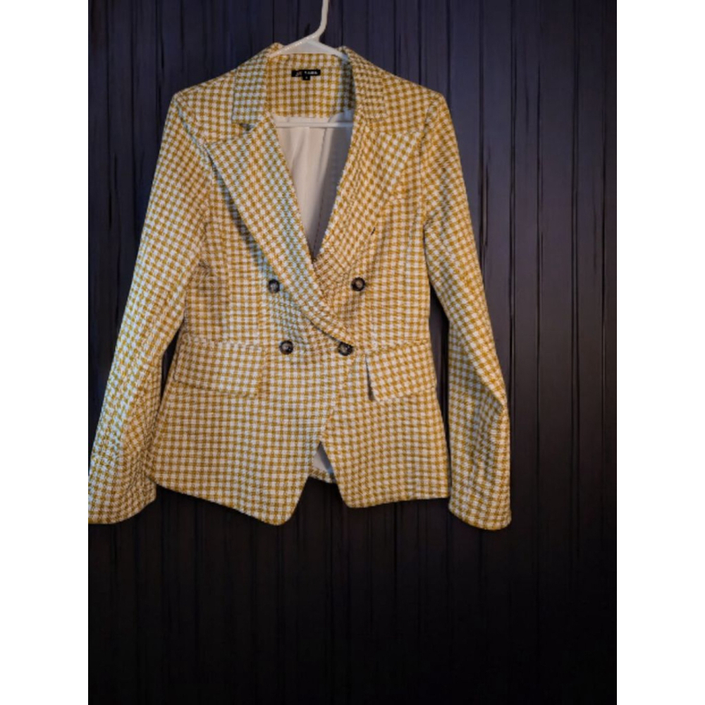 MICHEL Women's Yellow White Houndstooth Blazer Small